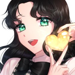 Rule 34 | 1girl, :d, aqua eyes, black bow, black hair, bow, commission, heart, holding, holding heart, hsmoji, long hair, lowres, open mouth, original, portrait, simple background, smile, solo, v, white background