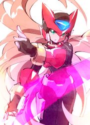 Rule 34 | 1girl, aile (mega man zx), armor, black bodysuit, blonde hair, bodysuit, bodysuit under clothes, crotch plate, energy sword, forehead jewel, helmet, holding, holding sword, holding weapon, kon (kin219), long hair, mega man (series), mega man zx, model ox (mega man), power armor, red armor, red headwear, simple background, solo, sword, weapon, white background