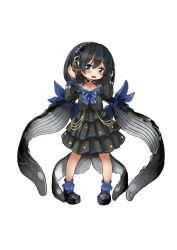 Rule 34 | 159cm, 1girl, :d, black dress, black footwear, black hair, blue bow, blue bowtie, blue eyes, blue socks, blush, bow, bowtie, cetacean tail, dress, fins, fish tail, full body, hands up, headphones, lazuli (159cm), looking at viewer, medium hair, open mouth, original, pigeon-toed, shoes, simple background, smile, socks, solo, tail, white background