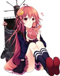 Rule 34 | 10s, 1girl, :3, ahoge, blue socks, blush, box, cherry blossoms, chocolate, crescent, crescent hair ornament, flower, frilled skirt, frills, full body, gift, gift box, hair ornament, hair ribbon, heart, holding, holding box, kantai collection, kusada souta, loafers, long hair, long sleeves, looking at viewer, lowres, machinery, official art, radio antenna, red eyes, red hair, ribbon, school uniform, serafuku, shoes, sitting, skirt, smile, smokestack, socks, solo, transparent background, uzuki (kancolle), valentine, very long hair, white background