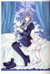 Rule 34 | 00s, 1girl, absurdres, adjusting hair, apron, bed, blanket, blue eyes, blue hair, blue theme, boots, braid, chobits, clamp, cross-laced footwear, curtains, dress, female focus, frills, full body, highres, holding, holding hair, indoors, lace-up boots, leaf, long hair, long sleeves, matching hair/eyes, nature, official art, pantyhose, purple pantyhose, scan, shoes, sitting, smile, solo, traditional media, unworn shoes, wavy hair, window, yuzuki (chobits)