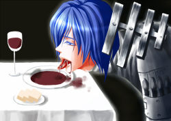 Rule 34 | 1boy, alcohol, blood, blue eyes, blue hair, cup, drink, drinking glass, dripping, food, legato bluesummers, male focus, plate, table, tongue, tongue out, trigun, wine, wine glass