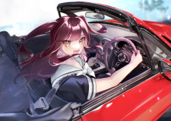 Rule 34 | 1girl, absurdres, black shirt, blurry, blurry background, blush, bow, brown eyes, brown hair, car, convertible, driving, eunos roadster, fangs, floating hair, heart, highres, long hair, looking at viewer, mazda, mazda mx-5, mazda mx-5 nc, motor vehicle, mugi (marineblue134), open mouth, original, palm tree, right-hand drive, sailor collar, shirt, sky, smile, solo, steering wheel, tree, two side up, white bow, white sailor collar