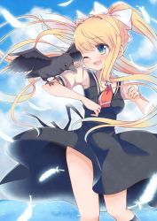 Rule 34 | 1girl, ;d, air (visual novel), animal on arm, bird, bird on arm, black dress, black socks, blonde hair, blue eyes, blue sky, blush, bow, breasts, cloud, cloudy sky, commentary request, cross, day, dress, feathers, flower, hair between eyes, hair bow, hair intakes, high ponytail, highres, horizon, kamio misuzu, kneehighs, long hair, looking away, looking to the side, medium breasts, momoniku (taretare-13), one eye closed, open mouth, outdoors, ponytail, puffy short sleeves, puffy sleeves, red neckwear, shirt, short sleeves, sidelocks, sky, sleeveless, sleeveless dress, smile, socks, solo, very long hair, water, white feathers, white flower, white shirt