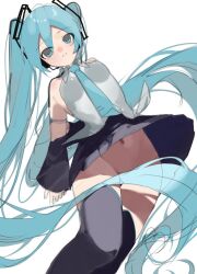 Rule 34 | 1girl, aqua eyes, aqua hair, aqua necktie, arched back, arm behind back, bare shoulders, black skirt, black thighhighs, convenient censoring, detached sleeves, feet out of frame, floating hair, gluteal fold, grey shirt, hair ornament, hatsune miku, holding own arm, koko niiru, light smile, long hair, looking at viewer, miniskirt, navel, necktie, no panties, pleated skirt, shirt, simple background, skirt, sleeveless, sleeveless shirt, thighhighs, twintails, unfinished, very long hair, vocaloid