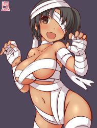 Rule 34 | alternate breast size, alternate costume, artist logo, bandaged head, bandages, black background, black hair, breasts, brown eyes, collarbone, cowboy shot, dated, halloween costume, kanon (kurogane knights), kantai collection, large breasts, mummy, mummy costume, nagara (kancolle), naked bandage, non-web source, one-hour drawing challenge, one side up, open mouth, short hair, simple background, smile
