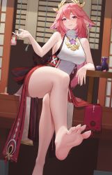 Rule 34 | 1girl, absurdres, animal ears, arm rest, bare shoulders, barefoot, blush, bottle, breasts, charm (object), choko (cup), crossed legs, cup, earrings, feet, floppy ears, foot focus, foot out of frame, foreshortening, fox ears, genshin impact, glint, gold earrings, hair between eyes, hair ornament, highres, holding, holding charm, japanese clothes, jewelry, kurosara, large breasts, long hair, looking at viewer, nail polish, obi, parted lips, petals, pink hair, pink nails, purple eyes, sake bottle, sash, shirt, sitting, smile, soles, solo, table, tassel, thighs, toes, white shirt, yae miko