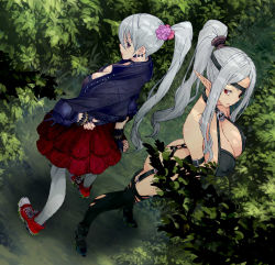Rule 34 | 2girls, amami amayu, armband, ass, back-to-back, bare shoulders, black legwear, breasts, buckle, cleavage, clenched hand, collar, covered erect nipples, cross-laced footwear, dutch angle, ear piercing, earrings, elbow pads, elf, eyepatch, fingernails, forest, from above, from side, garter straps, grey legwear, hair between eyes, halterneck, hand on own hip, high heels, high ponytail, jacket, jagan no jotei hildegard, jewelry, large breasts, long fingernails, long hair, long pointy ears, long sleeves, makenki dragee, monster collection, multiple girls, nail polish, nature, oekaki, open clothes, open jacket, outdoors, pantyhose, piercing, plaid, plaid skirt, pointy ears, ponytail, profile, purple eyes, purple nails, red eyes, shoes, sidelocks, silver hair, skirt, skull, smile, sneakers, spiked collar, spikes, standing, thighhighs, very long hair, white legwear