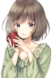 Rule 34 | 1girl, blue eyes, blush, brown hair, closed mouth, collarbone, commentary request, cup, green shirt, hands up, holding, holding cup, idolmaster, idolmaster cinderella girls, long sleeves, looking at viewer, midorikawa you, mole, mole under eye, mug, shirt, short hair, simple background, solo, takagaki kaede, upper body, white background