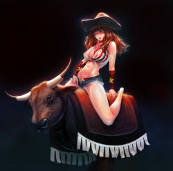Rule 34 | 1girl, absurdres, arm support, bare legs, barefoot, blue eyes, blunt bangs, blush, breasts, breath, covered erect nipples, cow girl, cowboy hat, cowboy western, denim, denim shorts, front-tie top, full body, groin, hat, heavy breathing, highres, jugon, jungon kim, leaning back, long hair, looking at viewer, mechanical bull, medium breasts, midriff, navel, neckerchief, no bra, open fly, open mouth, red hair, riding, riding machine, sexually suggestive, shiny skin, shirt, short shorts, shorts, sitting, solo, star (symbol), star print, striped clothes, striped shirt, sweat, tassel, unbuttoned