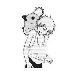 Rule 34 | 2boys, :3, animal, animal on head, bare arms, bare shoulders, chainsaw, chainsaw man, collarbone, denji (chainsaw man), dog, dog on head, eyebrows, fujimoto tatsuki, hair between eyes, happy, looking at another, male focus, monochrome, multiple boys, nipples, official art, on head, open mouth, pants, pochita (chainsaw man), short hair, sleeveless, smile, standing, tank top, white background, aged down