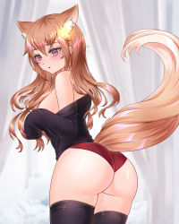 Rule 34 | absurdres, animal ear fluff, animal ears, annytf, ass, bare shoulders, black shirt, black thighhighs, breasts, brown eyes, brown hair, fox ears, fox girl, fox tail, from behind, hair ornament, highres, indie virtual youtuber, leotard, leotard under clothes, long hair, looking back, no pants, off shoulder, red leotard, shirt, sleeves past wrists, star (symbol), star hair ornament, tail, thighhighs, thighs, virtual youtuber, wonnikon
