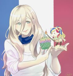 Rule 34 | 2girls, alternate costume, blonde hair, blue eyes, blue hair, candle, commandant teste (kancolle), commentary request, cupcake, food, french flag, french text, hair between eyes, kantai collection, long hair, mini person, minigirl, mole, mole under eye, mole under mouth, multicolored hair, multiple girls, red hair, richelieu (kancolle), sei masami, smile, swept bangs, white hair
