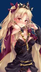 Rule 34 | 1girl, asymmetrical sleeves, between breasts, black dress, black leotard, black nails, blonde hair, blue background, blush, breasts, cape, commentary request, detached collar, dress, earrings, ereshkigal (fate), fate/grand order, fate (series), fingernails, hair ribbon, hands in hair, hands up, head tilt, highres, infinity symbol, jewelry, leotard, long hair, looking at viewer, marisasu (marisa0904), medium breasts, multicolored cape, multicolored clothes, nail polish, open mouth, parted bangs, parted lips, purple cape, purple ribbon, red eyes, ribbon, simple background, single sleeve, skull, solo, spine, tiara, tohsaka rin, two side up, uneven sleeves, yellow cape