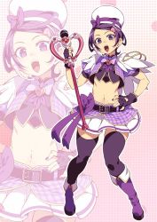 Rule 34 | 1girl, :d, bad id, bad twitter id, belt, boots, bow, bowtie, brooch, cropped jacket, cropped shirt, dokidoki! precure, fingerless gloves, fingernails, gloves, hair ornament, hairclip, hand on own hip, holding, holding microphone, holding wand, jacket, jewelry, kenzaki makoto, layered skirt, looking at viewer, microphone, midriff, nail polish, navel, open clothes, open jacket, open mouth, pleated skirt, precure, puffy short sleeves, puffy sleeves, purple bow, purple bowtie, purple eyes, purple footwear, purple hair, purple nails, purple thighhighs, short sleeves, skirt, smile, solo, tasaka shinnosuke, thighhighs, wand, white skirt, zoom layer