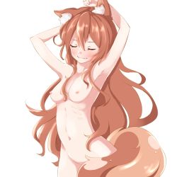Rule 34 | 1girl, animal ears, armpits, blush, breasts, brown hair, corinne (shironeko project), closed eyes, fang, gyuunyuukeepaa, long hair, nature, navel, nipples, nude, pond, shironeko project, simple background, small breasts, smile, solo, tail, tree, very long hair, white background