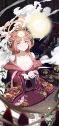 Rule 34 | 1girl, absurdres, alternate costume, aru (blue archive), black horns, blue archive, breasts, cleavage, demon horns, halo, highres, horns, japanese clothes, kimono, large breasts, long hair, long sleeves, mole, mole on breast, parted lips, pink hair, pink halo, red kimono, ryeon (bluetom1), solo, torii, wide sleeves, yellow eyes