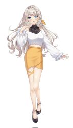 Rule 34 | 1girl, ankle strap, blue eyes, blush, bow, braid, crop top, daisy, earrings, flower, flower earrings, footwear flower, full body, grey hair, hair bow, highres, indie virtual youtuber, jewelry, long hair, long sleeves, looking at viewer, midriff, off-shoulder shirt, off shoulder, open mouth, pencil skirt, sakunagita, shirt, shoes, skirt, smile, solo, thigh strap, very long hair, virtual youtuber, yuzuriha hinata