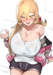 Rule 34 | 1girl, bare shoulders, blonde hair, blush, breasts, character request, cleavage, collarbone, commentary request, drunk, fang, huge breasts, jacket, long hair, looking at viewer, nijisanji, nuezou, nui sociere, nui sociere (2nd costume), orange eyes, raised eyebrows, red scrunchie, scrunchie, short shorts, shorts, skin fang, smile, solo, thighs, unfinished, virtual youtuber