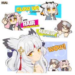 3girls :d =_= absurdres animal_ears arknights black_hairband blue_ribbon braid brown_eyes brown_hair cat_ears cat_girl chibi english_text facial_mark forehead_mark goggles goggles_on_head goldenglow_(arknights) grey_jacket hair_brush hair_ornament hair_ribbon hairband hand_up highres holding holding_hair_brush holding_makeup_brush holding_scissors jacket kuhl-notes lightning_bolt_print long_sleeves looking_at_viewer makeup_brush mouth_hold multiple_girls multiple_views one_eye_closed open_clothes open_jacket open_mouth orange_eyes otter_ears otter_girl owl_ears owl_girl pink_hair pink_jacket ptilopsis_(amongst_the_clouds)_(arknights) ptilopsis_(arknights) ribbon roberta_(arknights) scissors shirt short_hair smile sparkle thumbs_up white_background white_hair white_shirt