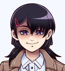 Rule 34 | 1girl, black hair, brown jacket, chainsaw man, collared shirt, hair ornament, hairclip, highres, jacket, kermittend, long hair, looking at viewer, low twintails, mitaka asa, portrait, purple eyes, shirt, simple background, smile, solo, straight-on, twintails, white background, white shirt