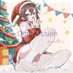 Rule 34 | 1girl, amagoe (vtuber), bare shoulders, belt, black belt, blush, brown hair, christmas present, christmas tree, colored inner hair, commission, convenient leg, crossed bangs, detached collar, detached sleeves, dorsiflexion, dress, feet, full body, fur trim, gift, hair between eyes, hands up, hat, highres, indie virtual youtuber, indoors, knee up, legs, long sleeves, looking at viewer, medium hair, multicolored hair, nail polish, neck ribbon, no shoes, omkuros, on ground, own hands together, red dress, red eyes, red hair, red hat, red nails, red ribbon, ribbon, santa costume, santa hat, sidelocks, sitting, sleeves past wrists, smile, soles, solo, strapless, strapless dress, thighhighs, thighs, toes, twitter username, v-shaped eyebrows, virtual youtuber, watermark, white thighhighs