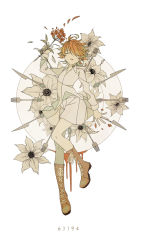 Rule 34 | 1girl, blouse, boots, brown footwear, emma (yakusoku no neverland), closed eyes, flower, fork, full body, hand up, highres, holding, holding flower, knife, long sleeves, neck tattoo, number tattoo, open mouth, orange hair, plate, red flower, shirt, short hair, skirt, solo, tattoo, white background, white shirt, white skirt, yakusoku no neverland, zero (jckz2334)