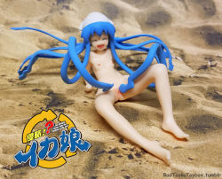 Rule 34 | 1girl, barefoot, beach, blue hair, breasts, closed eyes, figure, highres, ikamusume, logo, lying, nude, on back, open mouth, pussy, revoltech, small breasts, solo, squid girl, tentacles, uncensored