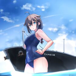 Rule 34 | 1girl, absurdres, ahoge, black hair, blue eyes, blue one-piece swimsuit, blue sky, braid, cloud, covered navel, day, giant, giantess, hair flaps, highres, kantai collection, long hair, looking at viewer, natsukaze shigure, one-piece swimsuit, outdoors, school swimsuit, shigure (kancolle), ship, single braid, sky, solo, swimsuit, wading, water, watercraft, wet, wet clothes, wet swimsuit