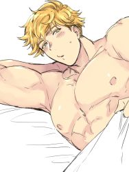 Rule 34 | 1boy, abs, bed, blonde hair, blush, granblue fantasy, green eyes, hazama (hazamazama), large pectorals, looking at viewer, lying, male focus, muscular, muscular male, nipples, nude, o3o, on bed, on side, open mouth, pectorals, pouty lips, short hair, solo, under covers, upper body, vane (granblue fantasy), white background