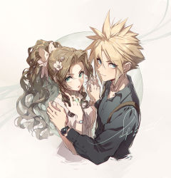 Rule 34 | 1boy, 1girl, aerith gainsborough, alternate costume, bangle, blonde hair, blue eyes, bracelet, breasts, brown hair, cloud strife, collared shirt, couple, dress, final fantasy, final fantasy vii, final fantasy vii remake, flower, green eyes, grey shirt, hair between eyes, hair flower, hair ornament, hair ribbon, hand on another&#039;s shoulder, hetero, highres, holding hands, jewelry, kieta, light blush, light smile, long hair, long sleeves, looking at viewer, medium breasts, merchandise, parted bangs, parted lips, pink ribbon, ponytail, ribbon, ring, shirt, short hair, sidelocks, sleeveless, sleeveless dress, spiked hair, square enix, suspenders, upper body, watch, wavy hair, white dress, wristwatch