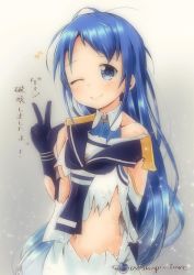 Rule 34 | 1girl, artist name, blue eyes, blue hair, blue neckerchief, blush, brown background, commentary request, elbow gloves, gloves, gradient background, highres, kantai collection, long hair, looking at viewer, mae (maesanpicture), messy hair, musical note, navel, neckerchief, one eye closed, samidare (kancolle), school uniform, serafuku, shirt, sleeveless, sleeveless shirt, smile, solo, sparkle, spoken musical note, swept bangs, torn clothes, torn shirt, translated, v, very long hair, white shirt