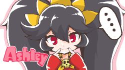 Rule 34 | ..., 1girl, ascot, ashley (warioware), black hair, brooch, character name, forced smile, hair ornament, jewelry, kowal, long hair, long sleeves, necklace, nintendo, red eyes, sidelocks, skull necklace, smile, solo, twintails, upper body, warioware, white background