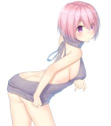 Rule 34 | 1girl, absurdres, arched back, ass, backless dress, backless outfit, bare back, bare shoulders, blush, breasts, butt crack, closed mouth, drawstring, dress, eyes visible through hair, fate/grand order, fate (series), from side, furt0424, grey sweater, hair over one eye, halterneck, highres, large breasts, looking at viewer, looking back, mash kyrielight, meme attire, naked sweater, pink hair, purple eyes, ribbed sweater, short hair, sideboob, simple background, solo, sweater, sweater dress, thighs, turtleneck, turtleneck sweater, virgin killer sweater, white background