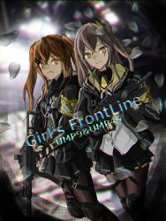 Rule 34 | 2girls, black gloves, black pantyhose, black skirt, brown eyes, brown hair, character name, commentary request, copyright name, expressionless, feet out of frame, fingerless gloves, girls&#039; frontline, gloves, grey hair, gun, h&amp;k ump, h&amp;k ump, h&amp;k ump, hair between eyes, hair ornament, hairclip, highres, holding, holding gun, holding weapon, jacket, knee pads, long hair, looking at viewer, multiple girls, one side up, pantyhose, pleated skirt, scar, scar across eye, scar on face, shirt, sister is mine9, skirt, twintails, ump45 (girls&#039; frontline), ump9 (girls&#039; frontline), weapon, white shirt