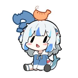 Rule 34 | ?, absurdres, between legs, blue hair, blue hoodie, blunt bangs, blush stickers, chibi, chibi only, commentary, creature on head, ebi-chan (gawr gura), full body, gawr gura, gawr gura (1st costume), grey hair, hair ornament, hand between legs, highres, hololive, hololive english, hood, hood down, hoodie, invisible floor, long hair, long sleeves, multicolored hair, no pants, on floor, shark hair ornament, shoes, simple background, sitting, sleeves past wrists, sneakers, snowmya, streaked hair, symbol-only commentary, two side up, v arms, virtual youtuber, white background, white footwear, wide sleeves, | |