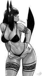 Rule 34 | 1girl, animal ears, arms behind back, artist request, bikini, black hair, bra, breasts, cleavage, curvy, dark-skinned female, dark skin, facial mark, food, food in mouth, grey eyes, greyscale, highres, large breasts, leaning forward, looking to the side, makeup, mascara, medium hair, melting, monochrome, original, popsicle, popsicle in mouth, short shorts, shorts, signature, simple background, solo, source request, standing, sweat, swimsuit, tail, tattoo, underwear, white background, wide hips