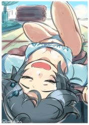 Rule 34 | 10s, 1girl, blue panties, breasts, downblouse, electric fan, closed eyes, fang, hair ornament, hairclip, kako (kancolle), kantai collection, krono tokage, lying, on back, open mouth, panties, pillow, sleeping, smile, solo, tatami, underwear