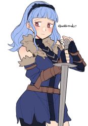 Rule 34 | 1girl, bags under eyes, blue hair, blush, breasts, brown eyes, closed mouth, do m kaeru, fire emblem, fire emblem: three houses, fire emblem warriors: three hopes, fur trim, headband, long hair, looking at viewer, marianne von edmund, nintendo, official alternate hairstyle, simple background, solo, sword, upper body, wavy hair, weapon