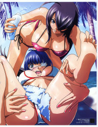 Rule 34 | 00s, 2girls, ahoge, ass, bad anatomy, bad feet, barefoot, beach, bikini, blue hair, blush, breasts, cleavage, day, eyepatch, feet, hair over one eye, highres, ikkitousen, ikkitousen eloquent fist, kan&#039;u unchou, large breasts, long hair, lying, megami magazine, multiple girls, nail polish, official art, open mouth, outdoors, pink nails, poorly drawn, purple hair, ryomou shimei, short hair, side-tie bikini bottom, smile, soles, spread legs, swimsuit, toes, underboob, wet