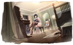 1girl absurdres adjusting_clothes artist_request ass azur_lane back backless_dress backless_outfit bare_shoulders bed black_hair black_shoes blue_dress blue_flower blue_rose blue_shoes blush border bottle breasts brown_thighhighs ceiling ceiling_light chair chien_wu_(azur_lane) chien_wu_(dressed_for_just_tonight)_(azur_lane) china_dress chinese_clothes cleavage cleavage_cutout closed_mouth clothing_cutout cosmetics crossed_legs cup curtains desk_lamp dress earrings evening_gown flower from_below full_body gloves hair_between_eyes hair_flower hair_ornament hand_on_own_chest high_heels highres huge_breasts indoors instrument jewelry lace lace-trimmed_thighhighs lace_trim lamp large_breasts legs long_hair looking_at_mirror medium_hair mirror night non-web_source official_alternate_costume official_art on_chair pelvic_curtain perfume_bottle pumps red_eyes reflection rose second-party_source shoe_dangle shoes short_hair side_slit sideboob sitting skindentation sleeveless sleeveless_dress smile solo stiletto_heels stool table thick_thighs thighhighs thighs unworn_shoes wide_hips window wooden_chair wooden_floor