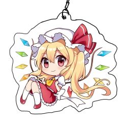Rule 34 | 1girl, blonde hair, blush, bow, chibi, clenched hands, commentary request, eyebrows, flandre scarlet, frilled skirt, frills, full body, hair between eyes, hat, hat bow, charm (object), looking at viewer, mob cap, puffy short sleeves, puffy sleeves, red eyes, shoes, short hair, short sleeves, side ponytail, simple background, sitting, skirt, skirt set, smile, socks, solo, touhou, white background, wings, yada (xxxadaman)