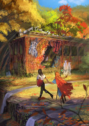 Rule 34 | 2girls, autumn leaves, bird, black hair, blue sky, blurry, book, boots, braid, cape, unworn cape, cat, cloud, colorful, crow, day, depth of field, dog, epth of field, fantasy, forest, ghost, grass, holding, holding book, holding hands, leaf, long hair, monokubo, multiple girls, nature, original, outdoors, overgrown, owl, plant, post-apocalypse, rabbit, red hair, running, scenery, sky, spirit, staff, stream, sunset, train, tree, twin braids, twitter, twitter username, vines, water, waterfall, wide shot