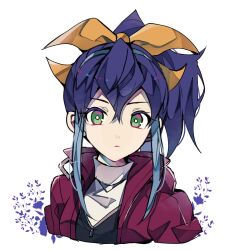 Rule 34 | 1girl, blue hair, bow, green eyes, hair bow, hairband, high ponytail, highres, jacket, multicolored hair, open clothes, open jacket, ponytail, purple hair, red jacket, serena (yu-gi-oh!), simple background, solo, tasutekete, turtleneck, two-tone hair, upper body, white background, yellow bow, yu-gi-oh!, yu-gi-oh! arc-v
