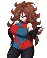 Rule 34 | 1girl, ahoge, android 21, blue eyes, breasts, brown hair, covered navel, curvy, darwaarts, detached sleeves, dragon ball, female focus, glasses, hand on own hip, highres, huge breasts, long hair, looking at viewer, solo, thick thighs, thighs, wide hips