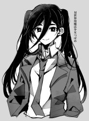 Rule 34 | + +, 1girl, absurdres, arms at sides, closed mouth, collared shirt, commentary, copyright name, cropped torso, grey background, greyscale, hair between eyes, highres, jacket, long hair, long sleeves, looking at viewer, monochrome, necktie, noto arata, open clothes, open jacket, shirt, simple background, smile, solo, symbol-only commentary, tai sekaiyou mahou shoujo tsubame, tasutekete, translation request, twintails, upper body, very long hair