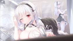 Rule 34 | 2girls, ;(, absurdres, accident, anchor choker, apron, azur lane, bare shoulders, black hairband, black skirt, blush, breasts, choker, cleavage, closed mouth, clothing cutout, commentary request, dido (azur lane), dress, fallen down, flying sweatdrops, frilled apron, frilled choker, frilled skirt, frills, hair between eyes, hairband, highres, indoors, lace-trimmed hairband, lace trim, large breasts, long hair, looking at another, lying, maid, multiple girls, on floor, on stomach, open mouth, purple eyes, red eyes, sad, shirt, short hair, sidelocks, sirius (azur lane), skindentation, skirt, sleeveless, sleeveless shirt, standing, tears, thighhighs, uduki (nissi), underboob, underboob cutout, waist apron, white apron, white dress, white hair, white legwear, white shirt, zettai ryouiki