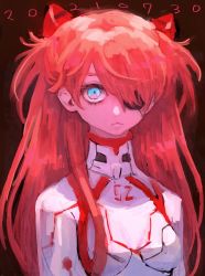 Rule 34 | 1girl, blue eyes, bodysuit, boyaking, breasts, brown hair, evangelion: 3.0+1.0 thrice upon a time, expressionless, eyepatch, hair ornament, highres, lips, long hair, looking at viewer, neon genesis evangelion, pilot suit, plugsuit, rebuild of evangelion, shiny clothes, skin tight, solo, souryuu asuka langley, two side up, very long hair, white bodysuit