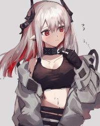 Rule 34 | 1girl, arknights, bare shoulders, black gloves, black sports bra, breasts, cleavage, closed mouth, collar, collarbone, earrings, flying sweatdrops, gloves, gradient hair, grey background, grey hair, highres, horns, infection monitor (arknights), jewelry, long hair, long sleeves, looking away, looking to the side, material growth, medium breasts, mokuro3m, mudrock (arknights), mudrock (elite ii) (arknights), multicolored hair, navel, off shoulder, oripathy lesion (arknights), pointy ears, red eyes, red hair, simple background, solo, sports bra, translation request, twirling hair, upper body, white background