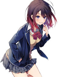 Rule 34 | 1girl, bcoca, blue jacket, blush, bow, bowtie, brown hair, collared shirt, finger to mouth, floating hair, gradient hair, grey skirt, grin, hair between eyes, hand in pocket, highres, index finger raised, jacket, leaning forward, leg up, long hair, long sleeves, miniskirt, multicolored hair, open clothes, open jacket, original, plaid, plaid skirt, pleated skirt, purple eyes, red bow, red bowtie, red hair, school uniform, shirt, simple background, skirt, smile, solo, standing, sweater, white background, white shirt, wing collar, yellow sweater